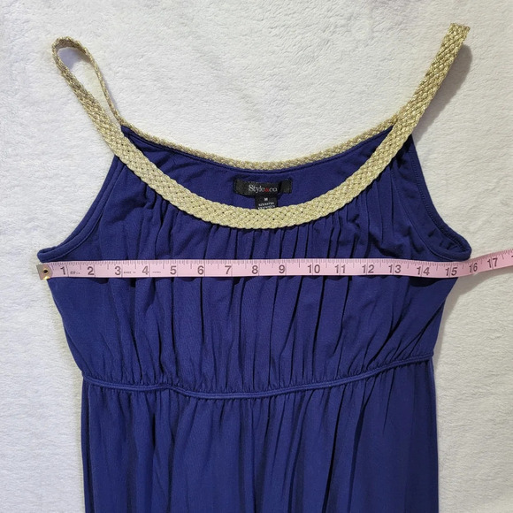 Style & Co Macys Navy Blue Jersey Knit Dress Gold Braid Trim Grecian Size M - Picture 9 of 10